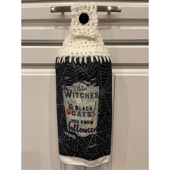 Crochet Top Kitchen Towel- Halloween when witches go riding - Picture 1 of 3